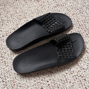 Women’s Olukai Kamola Slide Sandals Leather Black 8 Woven Leather